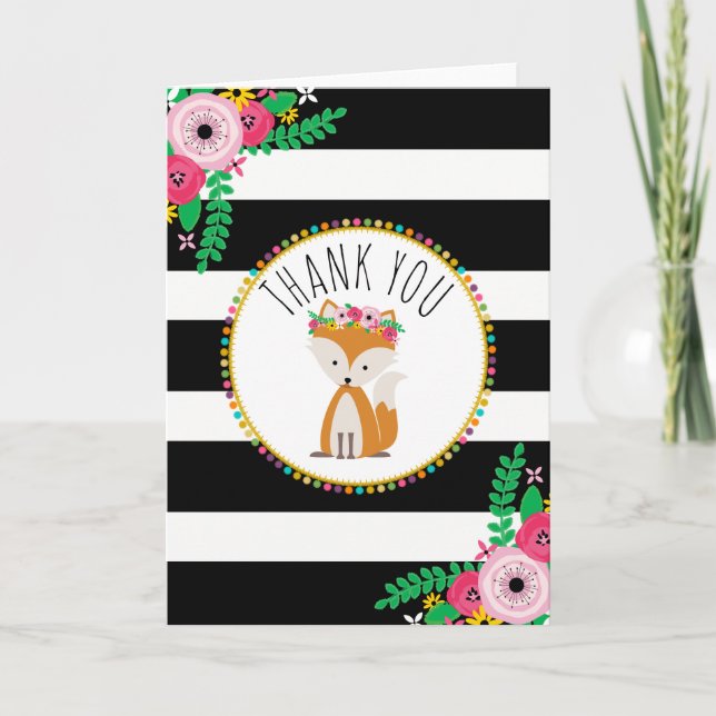 Boho Stripes Fox Baby Shower Thank You Card (Front)