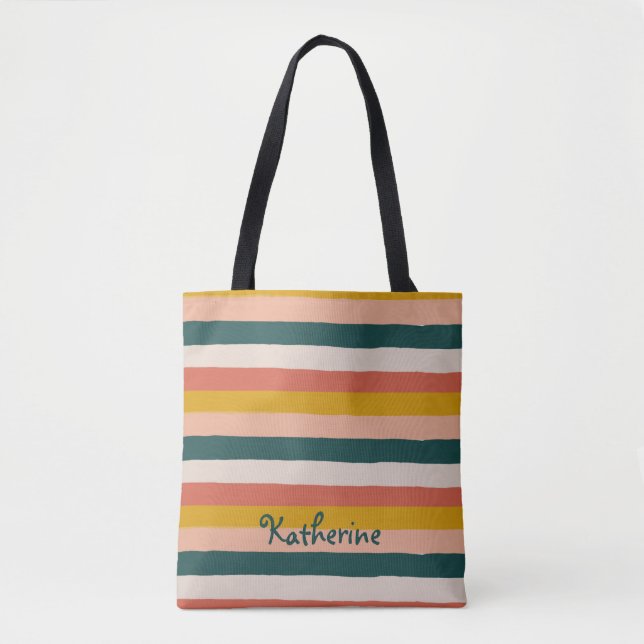 Boho Stripes Pattern Trendy Mustard Pink Salmon Tote Bag (Front)