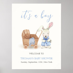 Boho Stroller Rabbit Boy Baby Shower Welcome Poster