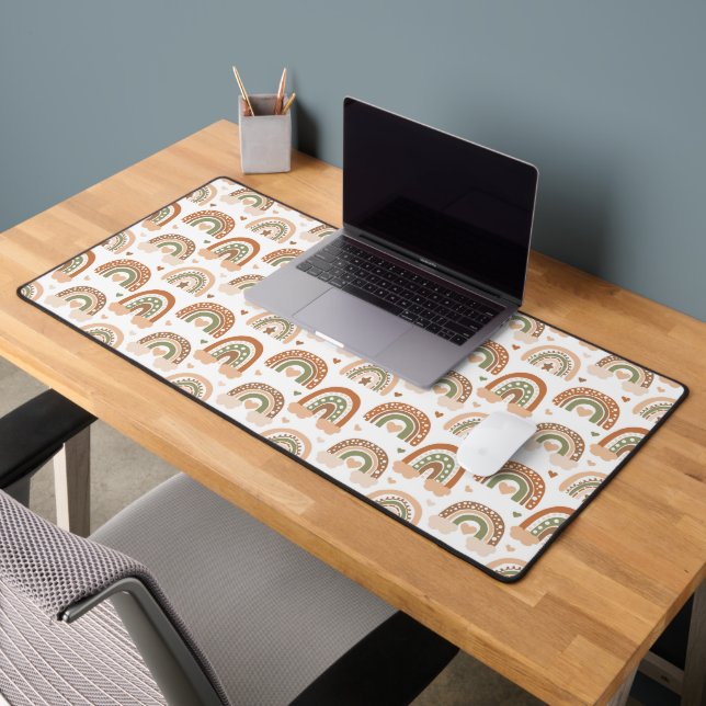 Boho Style Brown Tan Rainbow Heart Pattern Desk Mat (Office 2)