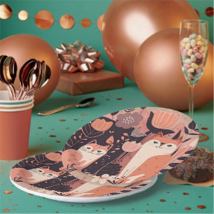 Boho Style Cats and Flowers Pink Birthday Party Paper Plate