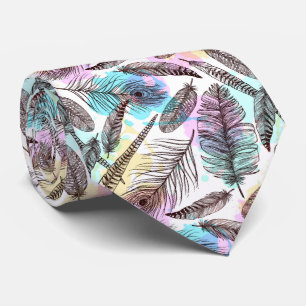 Boho Style Colorful Feathers Pattern Tie