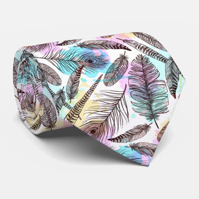 Boho Style Colorful Feathers Pattern Tie (Rolled)