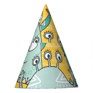 Boho style cute monsters, seamless. party hat
