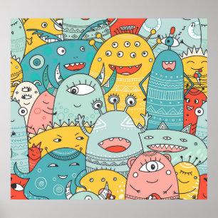 Boho style cute monsters, seamless. poster