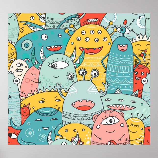 Boho style cute monsters, seamless. poster (Front)