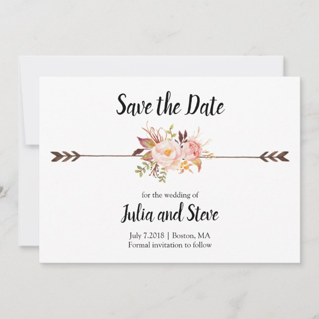 Boho Style Elegant Watercolor Flowers Wedding Save The Date (Front)