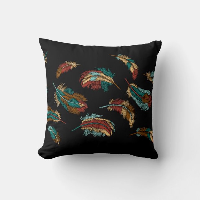 Boho Style Embroidered Colourful Feathers Black Cushion (Front)