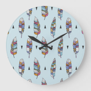 Boho Style Feather Hand Drawn Large Clock