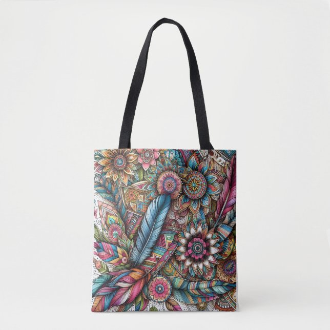 Boho Style Feathers and Flowers in a Free-Spirited Tote Bag (Front)