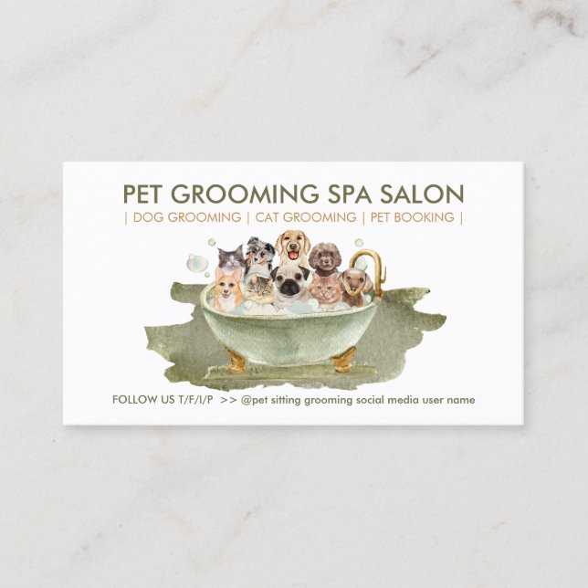 Boho Style Grooming Pet Bath Spa Cats Dogs Business Card (Front)