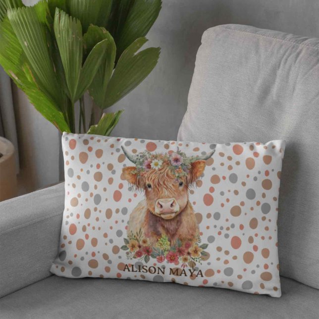 Boho Style Highland Cow Natural Cute Floral Design Decorative Cushion (Creator Uploaded)