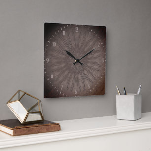 Boho style organic sunburst mandala earthy brown square wall clock