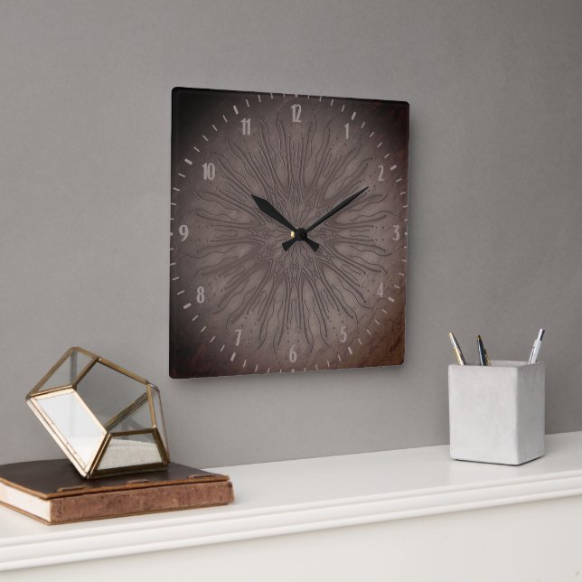 Boho style organic sunburst mandala earthy brown square wall clock (Office)