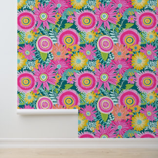 Boho style pink flowers wallpaper