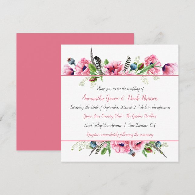 Boho Style Pink Poppies Feathers Greenery Wedding Invitation (Front/Back)