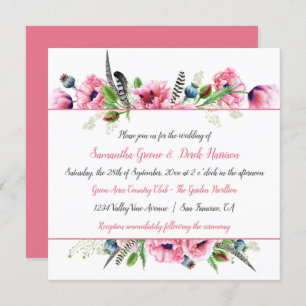 Boho Style Pink Poppies Feathers Greenery Wedding Invitation