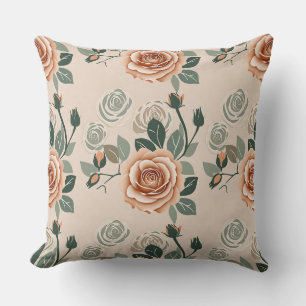 Boho Style Roses In Pastel Orange And Sage Green Cushion