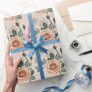 Boho Style Roses In Pastel Orange And Sage Green Wrapping Paper