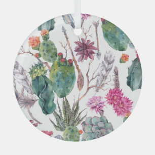 Boho Style, Vintage Cactus Watercolor. Glass Tree Decoration