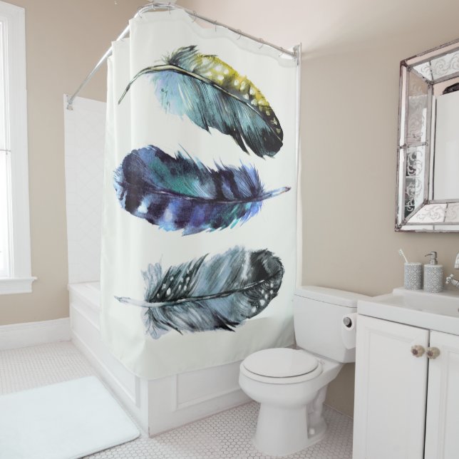 Boho Style Watercolor Birds Feathers Blue Cream Shower Curtain (In Situ)