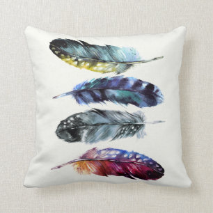 Boho Style Watercolor Birds Feathers Cushion