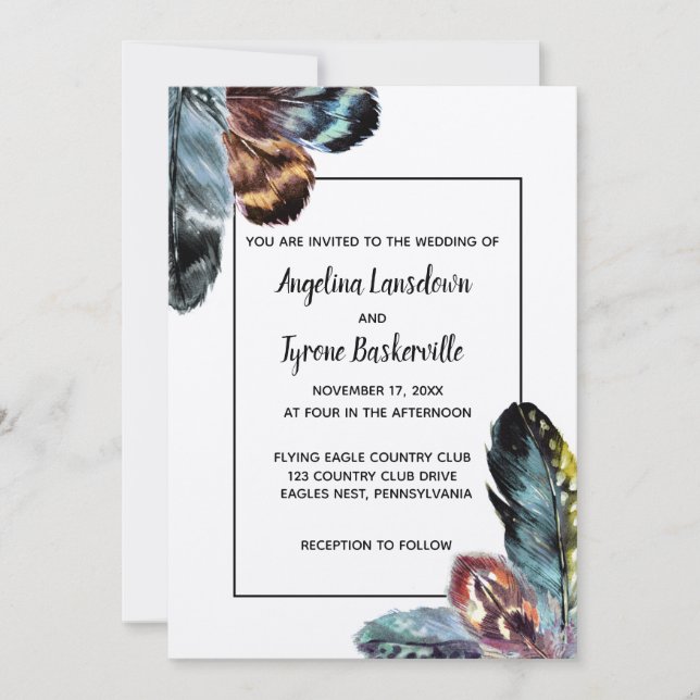 Boho Style Watercolor Feathers Custom Wedding Invitation (Front)