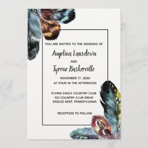 Boho Style Watercolor Feathers Custom Wedding Invitation