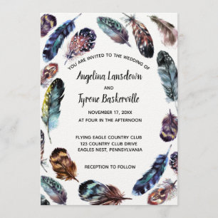 Boho Style Watercolor Feathers Custom Wedding Invitation