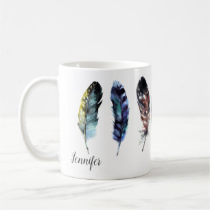 Boho Style Watercolor Feathers Personalised Coffee Mug