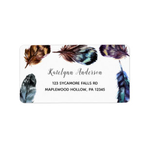 Boho Style Watercolor Feathers Return Address Label
