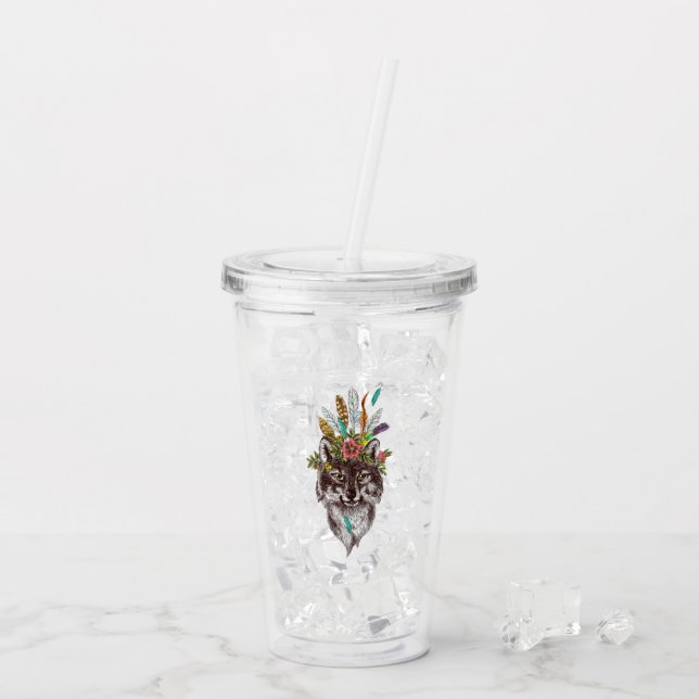 Boho Style Wolf Halo Portrait Acrylic Tumbler (Back Ice)