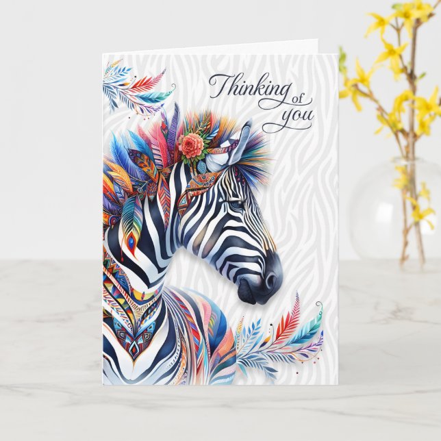 Boho Style Zebra Feathers Thinking of You Blank Card (Yellow Flower)