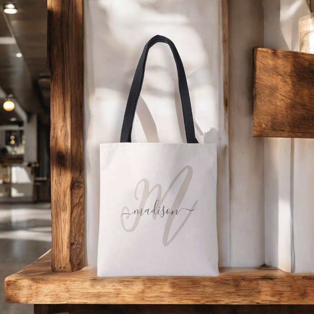 Boho Stylish Script Monogram and Name in Beige Tote Bag (Creator Uploaded)