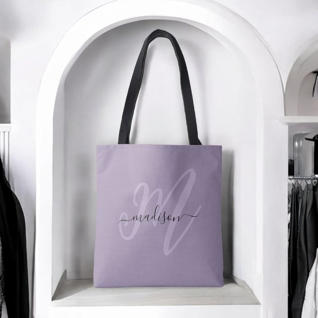 Boho Stylish Script Monogram and Name in Purple Tote Bag (Creator Uploaded)