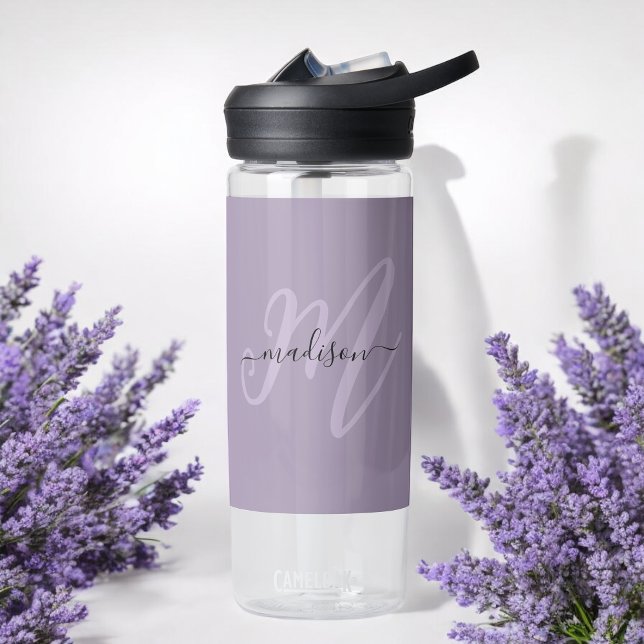 Boho Stylish Script Monogram and Name in Purple Water Bottle (Personalize with a name and monogram initial for a custom gift or treat for yourself!)