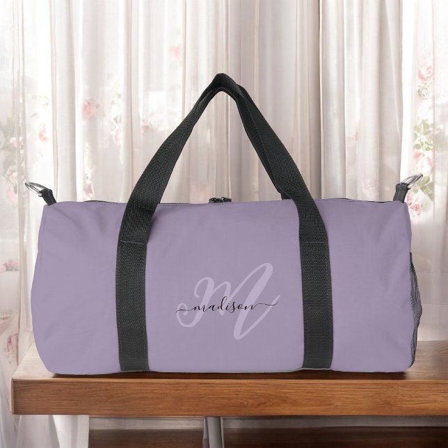 Boho Stylish Script Purple Name and Monogram Duffle Bag (Creator Uploaded)