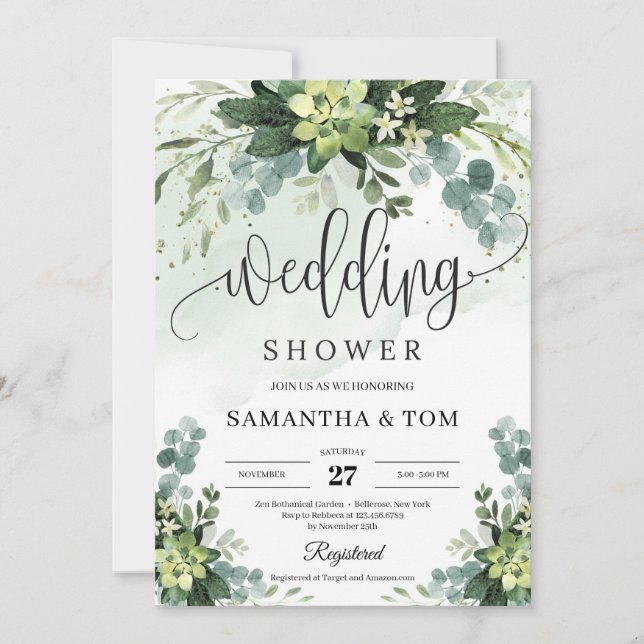 Boho succulent floral foliage eucalyptus wedding invitation (Front)