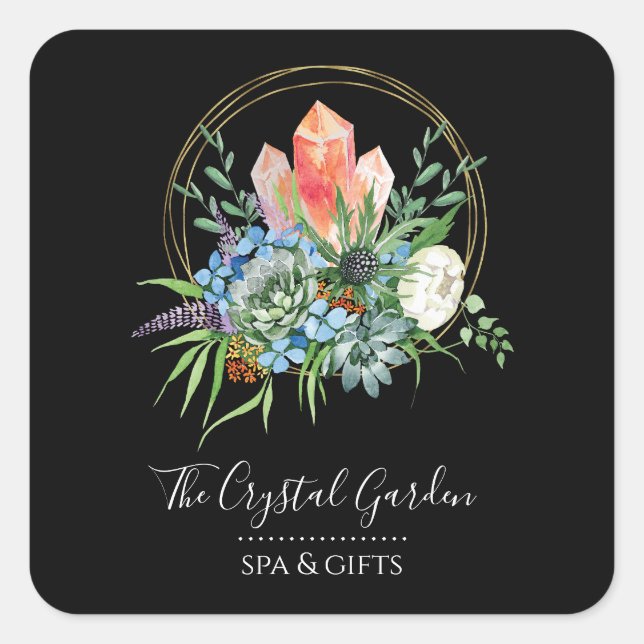 Boho Succulent Flowers Bouquet Crystals Watercolor Square Sticker (Front)