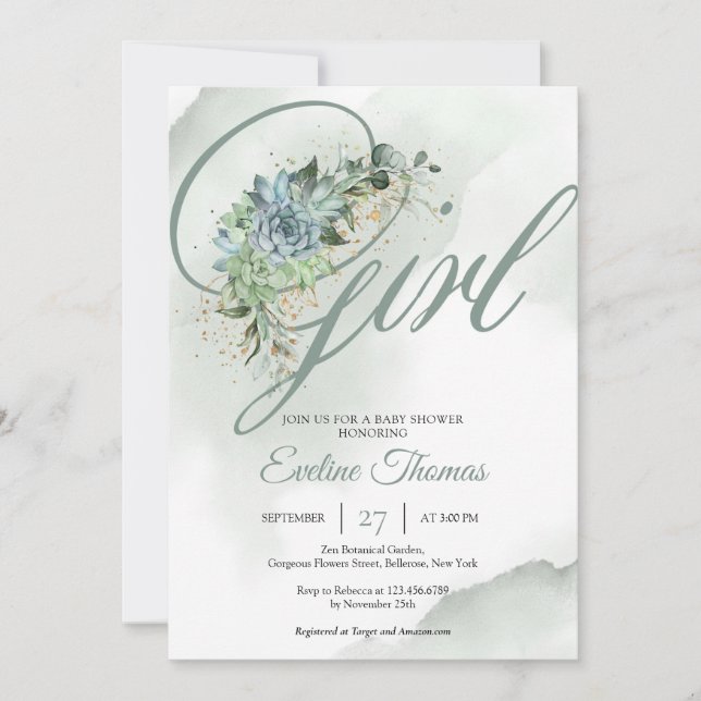 Boho succulent flowers eucalyptus gold It's a Girl Invitation (Front)