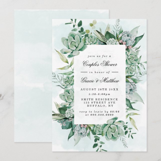 Boho Succulent Greenery Couples Shower Invitations (Front/Back)