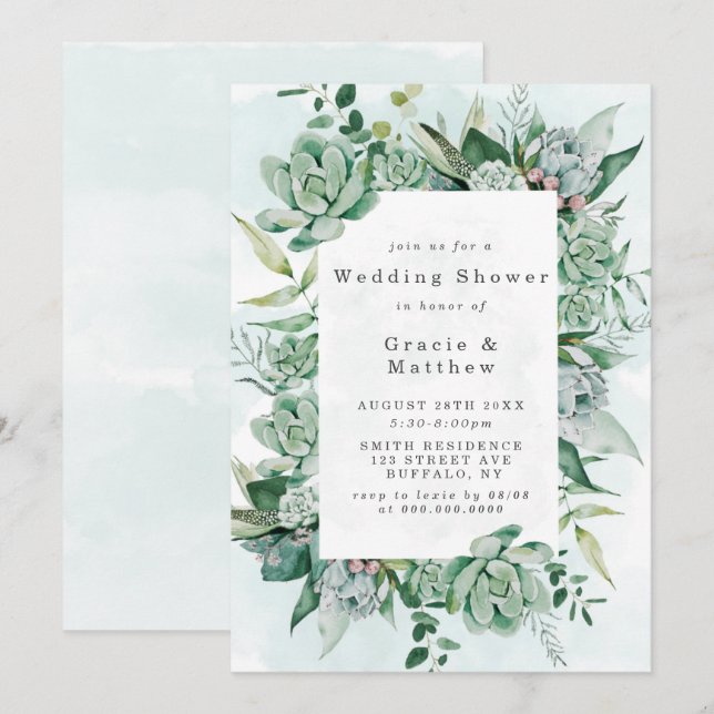 Boho Succulent Greenery Wedding Shower Invitations (Front/Back)