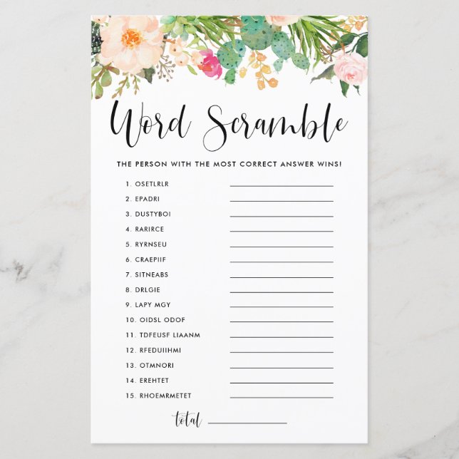 Boho Succulents Baby Word Scramble Shower Game (Front)