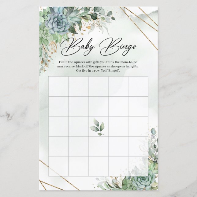 Boho succulents eucalyptus gold frame baby Bingo (Front)