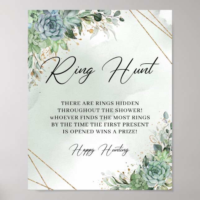 Boho succulents eucalyptus gold frame Ring Hunt Poster (Front)