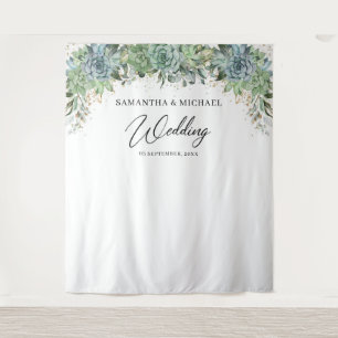 Boho succulents eucalyptus gold frame wedding tapestry