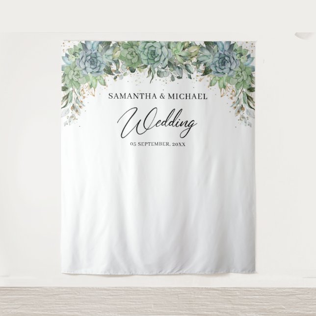 Boho succulents eucalyptus gold frame wedding tapestry (Front)