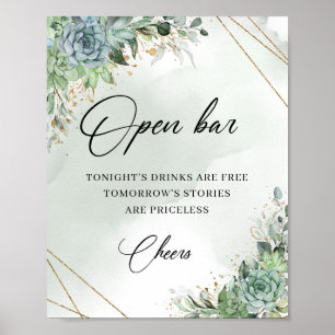 Boho succulents eucalyptus gold open bar sign