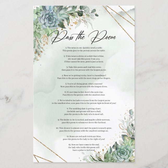 Boho succulents eucalyptus gold Pass The Poem (Front)