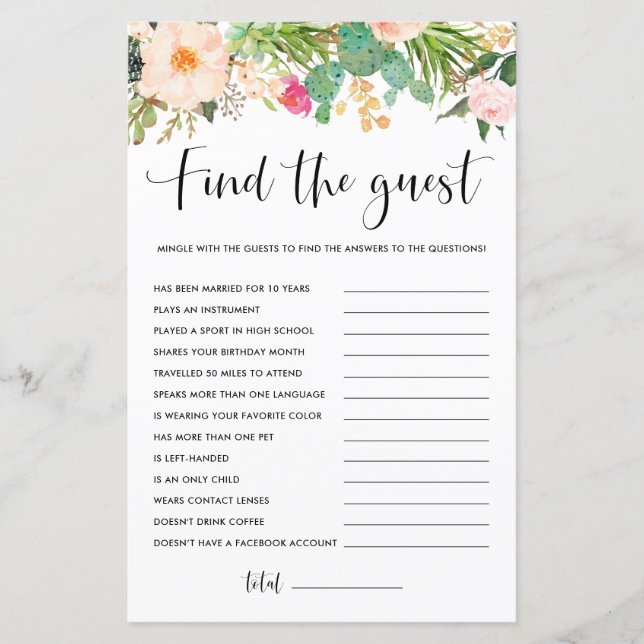 Boho Succulents Floral Find the Guest Game (Front)